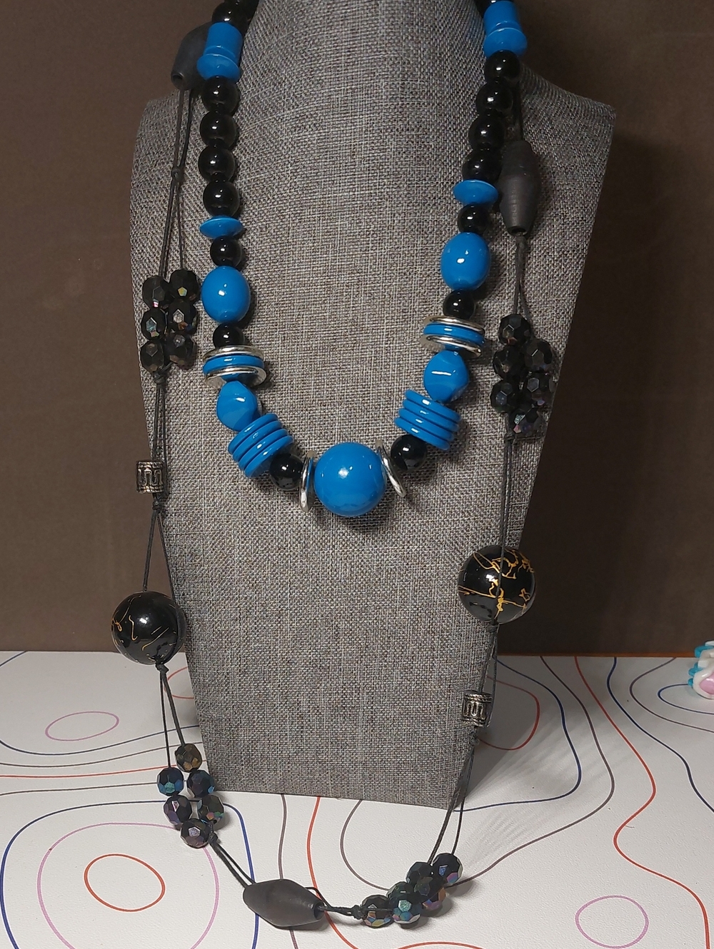 💛3/$30 2pc Chunky Blue Black Statement Necklace Lot 18" Retro Collar & 30" Long